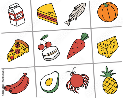 Vector art of a colorful assortment of cartoon fruits, vegetables, and other foods creates a vibrant and healthy display