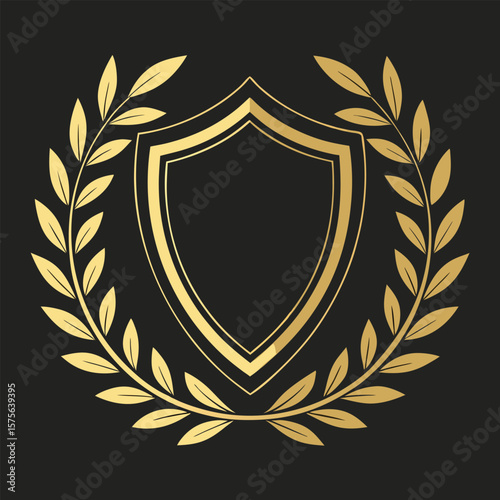 Elegant golden shield emblem with laurel wreath for premium branding and luxury design