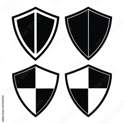Four black and white shield icons representing protection security and digital safety concepts