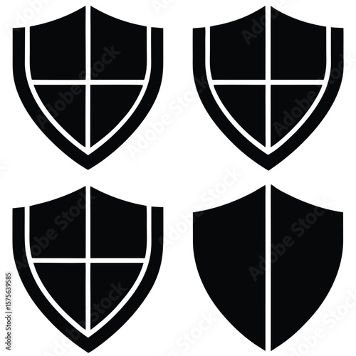 Four black shields with white outlines representing security and protection concepts