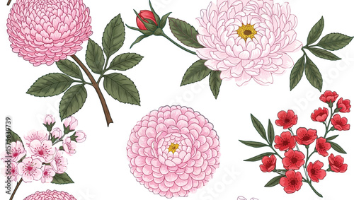 Floral pattern featuring pink chrysanthemums and cherry blossoms on teal ground