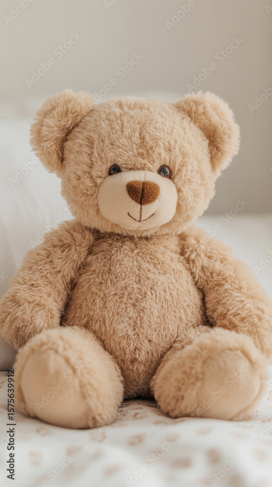 Fototapeta premium Adorable plush bear sitting on a soft bed with cozy white pillows in a warm, bright room atmosphere