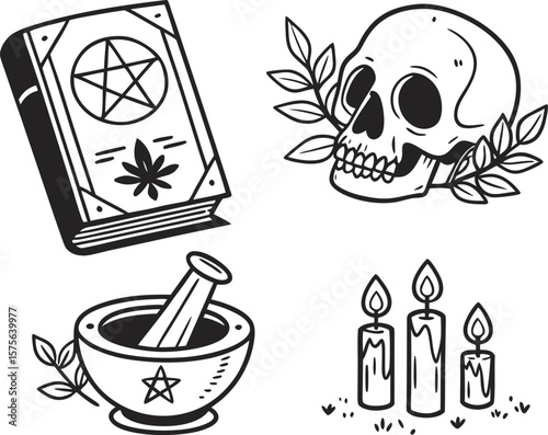 Vector art of a collection of occult symbols including a skull, book, candles, and mortar isolated on white background