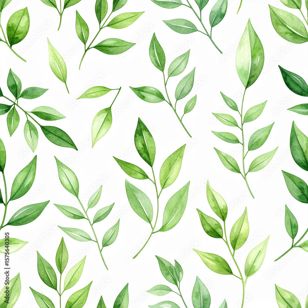 Obraz premium Watercolor Green Leaf Pattern: An exquisite, seamless pattern featuring an array of delicate green leaves, beautifully painted with watercolor techniques, perfect for design needs.