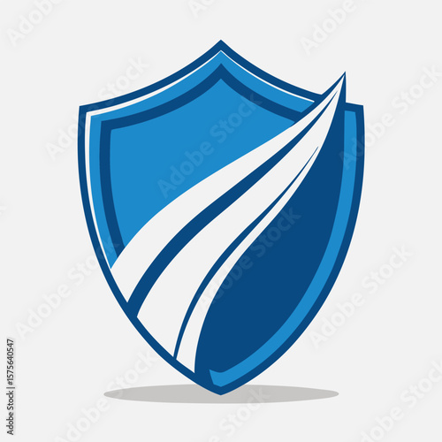 Modern shield logo design featuring white swooshes on a blue and white shield shape