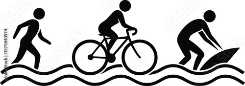 Vector art of a triathlon is represented by swimming, biking, and running silhouettes, isolated on white background