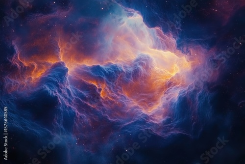Colorful cosmic nebula swirling with vibrant clouds of blue, orange, and purple gas illuminated by distant stars, deep space background showing glowing interstellar dust formations