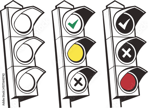 Vector art of three traffic lights showing different signals blank, greenyellowred, and checkcross symbols