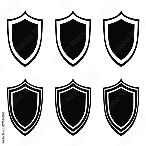 Set of six simple shield designs in black and white representing protection and security