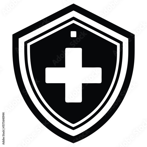 Shield emblem featuring medical cross symbolizes protection and health in a clean minimalist design