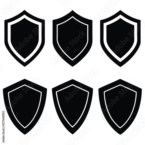 Set of six black shield icons with white outlines representing security and protection