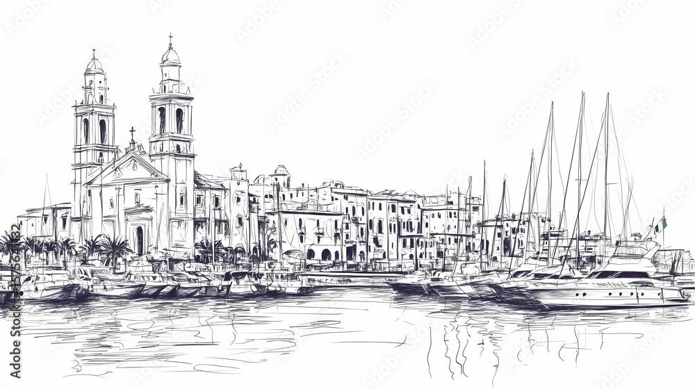 Fototapeta premium Hand-drawn illustration of a city harbor scene.