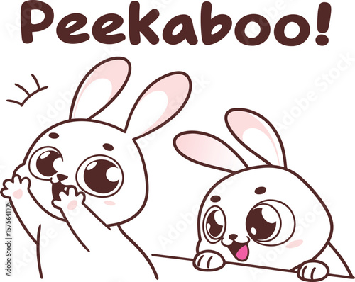 Vector art of two cute cartoon rabbits are playing peekaboo on a white background, isolated on white background