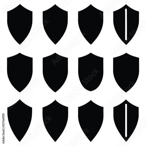 Simple black shield icons in rows and columns suitable for various design concepts