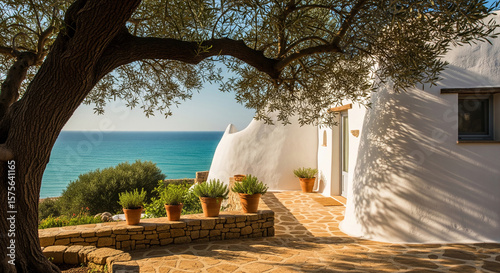 Mediterranean house patio scene, olive tree branches frame ocean view, terracotta pots with plants, stone pavement showcases serene coastal lifestyle