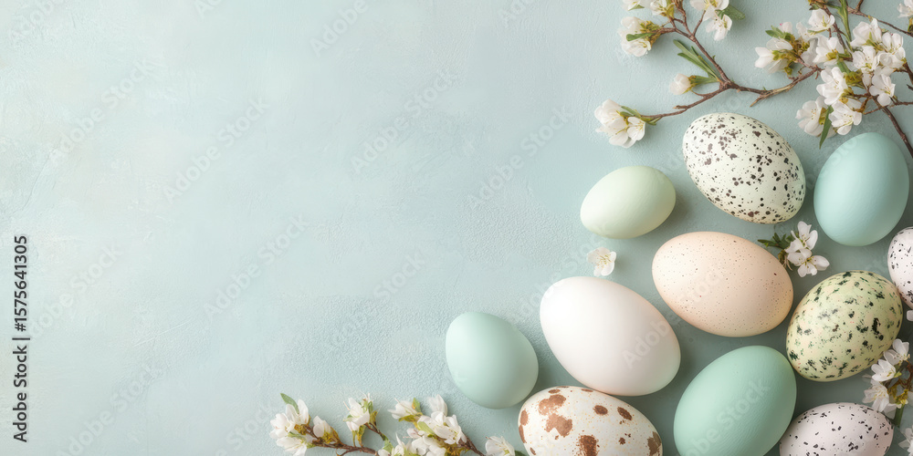 Fototapeta premium Decorative easter eggs and blossoms on pastel blue background with delicate spring aesthetic