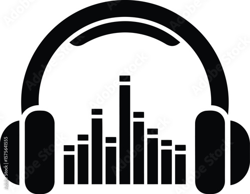 A black and white graphic of headphones with an equalizer in the middle