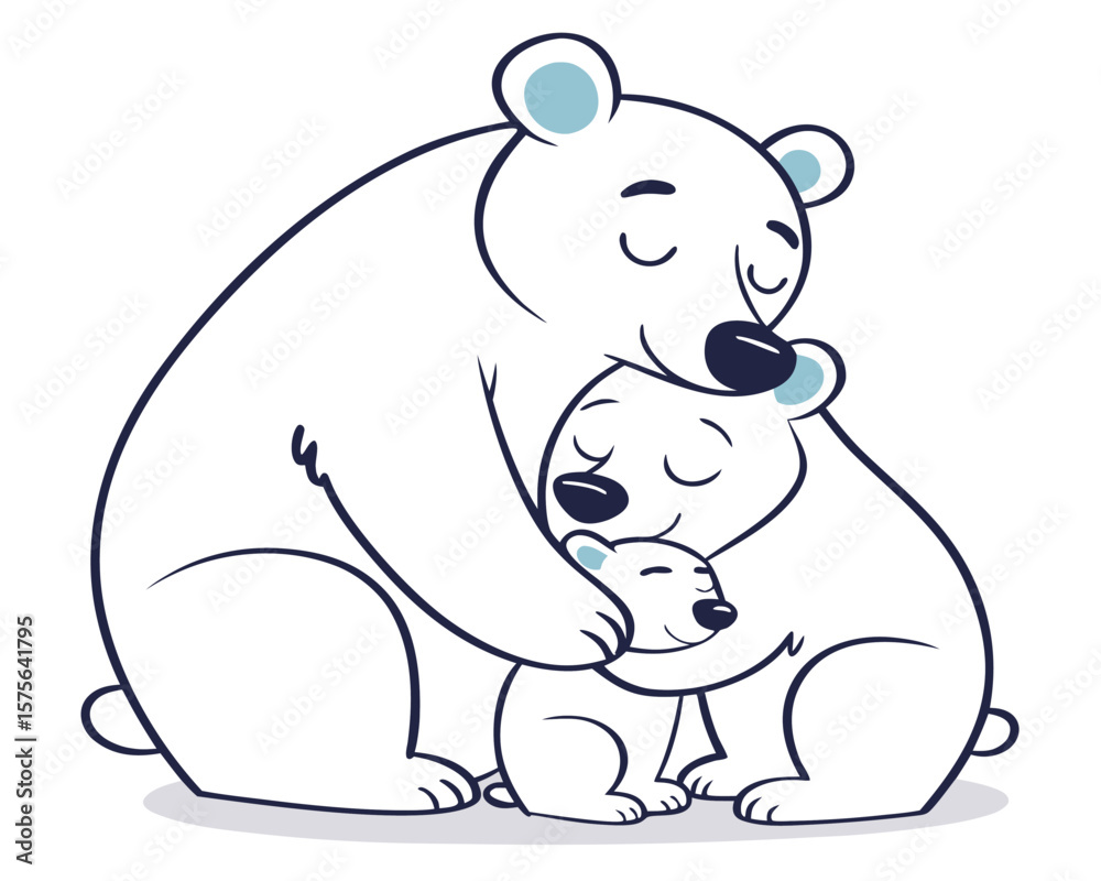 Fototapeta premium Vector art of a heartwarming cartoon of a polar bear family hugging, symbolizing love and protection, isolated on white background