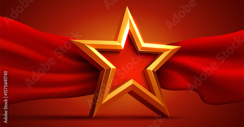 Award ceremony background and 3d gold star with red silk ribbon decoration. Vector illustration