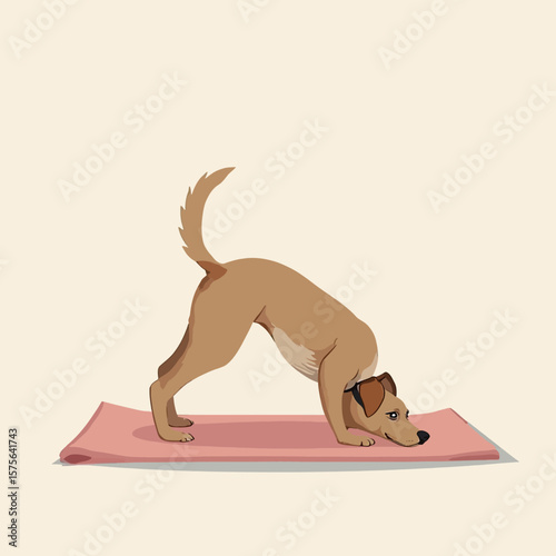 A light brown dog performs downward-facing dog yoga pose on a pink mat.