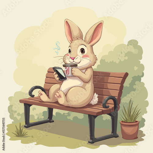 A cartoon bunny sits on a park bench, enjoying a coffee and using a phone.