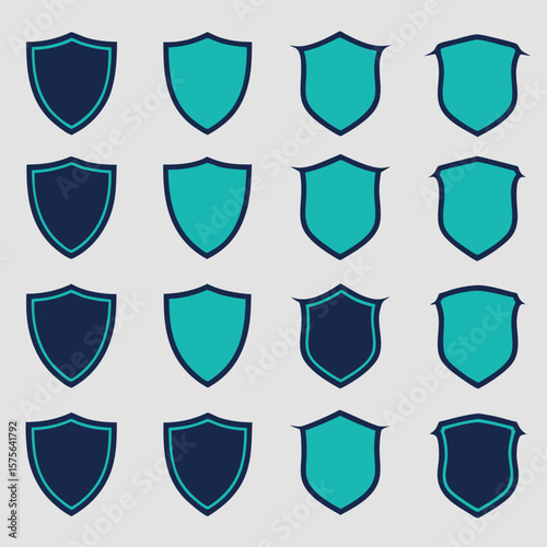 Abstract design of various shield shapes in blue and teal color variations with simple outlines.