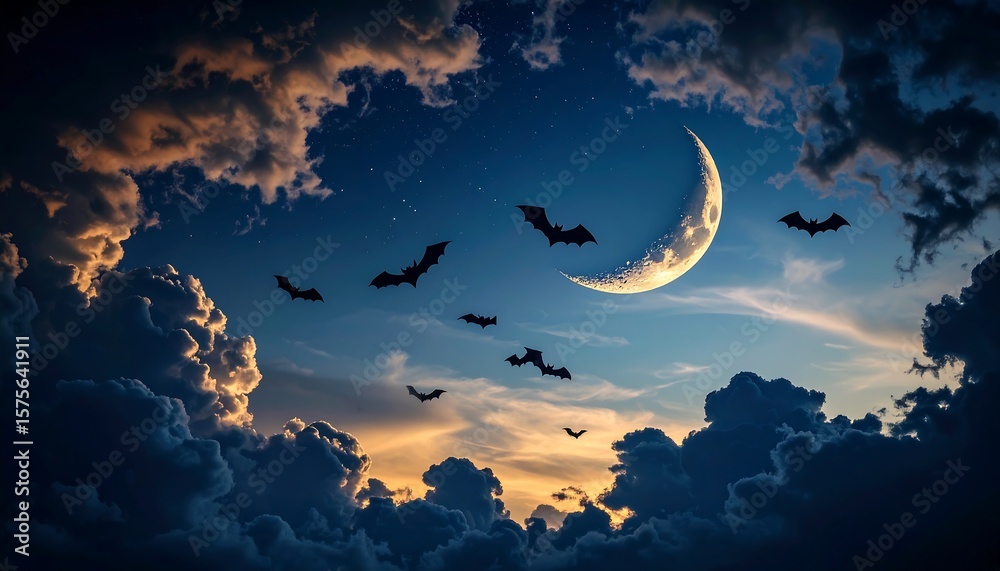 Naklejka premium Halloween night sky, crescent moon, bats