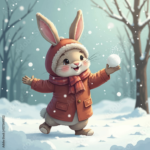 A cute cartoon rabbit in winter clothes, playing with a snowball in a snowy forest.