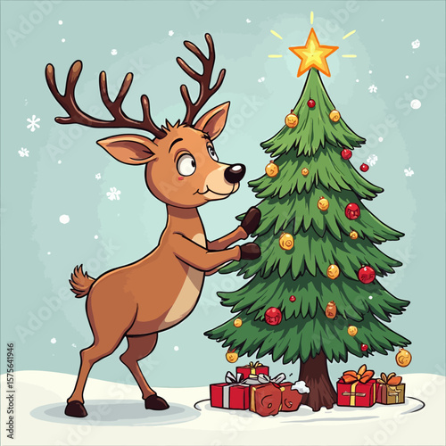 Cartoon reindeer decorating a Christmas tree with presents.