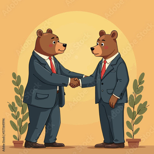 Two anthropomorphic brown bears in suits shake hands, symbolizing a business deal or agreement.