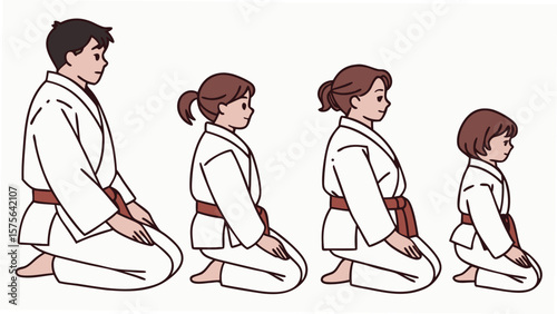 Vector art of a group of people in martial arts uniforms kneeling in a row demonstrates respect and discipline in training