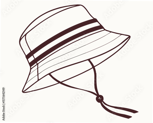Vector art of a stylish bucket hat with a chin strap offers sun protection, isolated on white background, in a simple line drawing