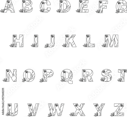 Complete floral English alphabet from A to Z, designed with elegant botanical elements inside each letter. Perfect for wedding invitations, branding, greeting cards, logos, and decorative typography