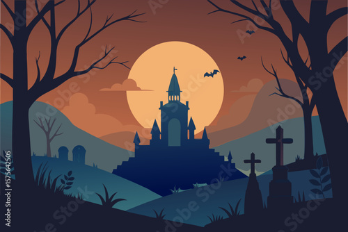 Spooky Cemetery and Haunted Church Silhouette at Sunset – Halloween Vector Illustration