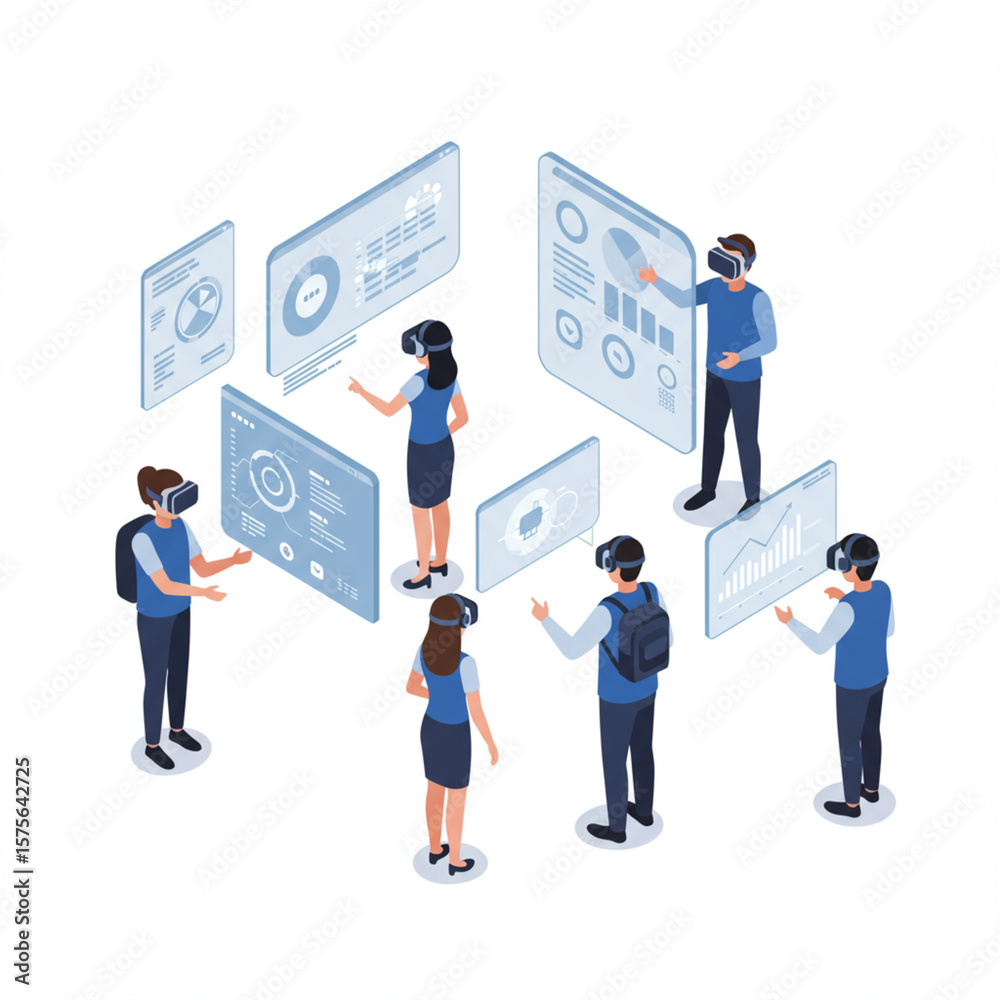 Diverse Students Collaborate on VR E-Learning Project in Isometric View. Diverse Students Collaborate on VR E-Learning Project in Isometric View.