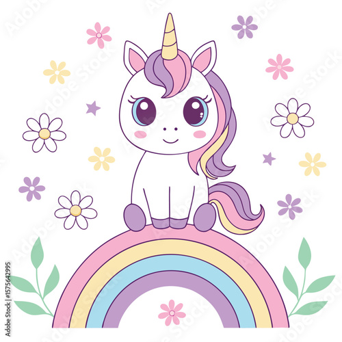 Adorable cartoon unicorn with colorful mane and tail sitting atop a rainbow with flowers