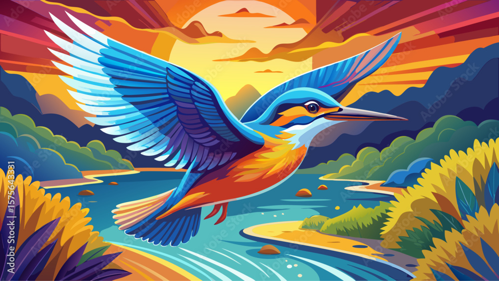 Obraz premium Kingfisher – A vibrant Kingfisher darts above a river, iridescent blue and orange feathers glowing in flight. Its slender body and flapping wings create a perfect vector-ready scene