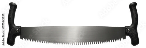 Two-man crosscut saw with large handles on both ends for logging and timber work.