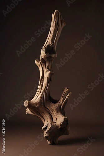 A knotty piece of driftwood stands against a dark brown background, showing off its rough texture.