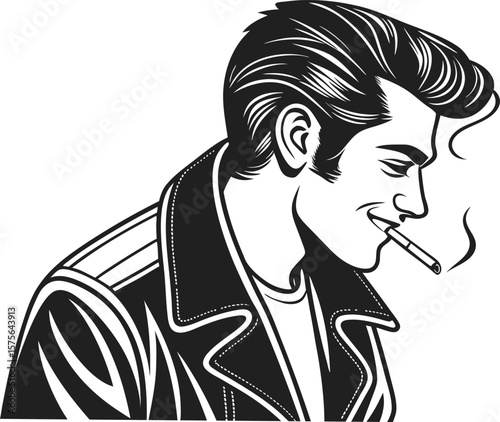 Vector art of a cool greaser with a leather jacket smoking a cigarette in a retro vintage style isolated on white background