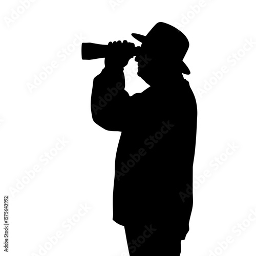 Silhouette of man with binoculars, wearing hat, against white backdrop. Silhouette shows a person looking through binocular telescope, providing visual metaphor for guidance and clarity.