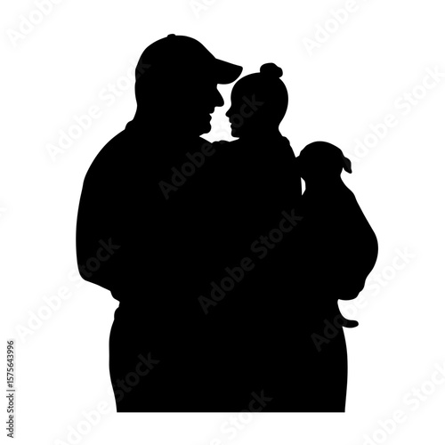 Silhouette of a man holding a child and a dog, symbol of family, love, care, responsibility, and emotional connection between humans and pets