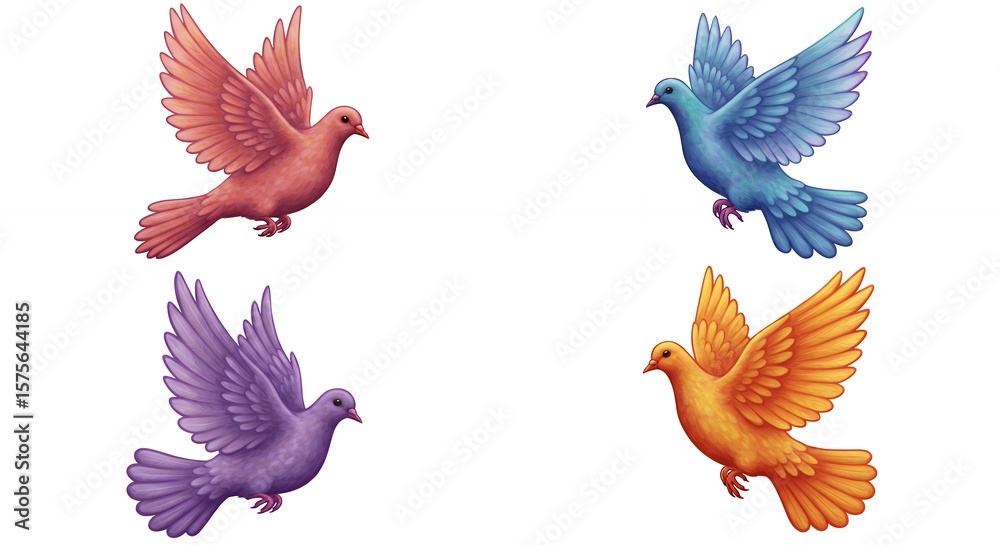 Obraz premium Colorful pigeons flying in four different colors