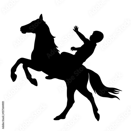 Silhouette of a child losing balance on a rearing horse, symbol of fear, danger, inexperience, risk, and the wild power of nature or challenge of riding
