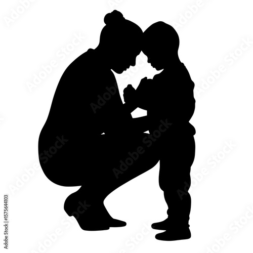 Silhouette of mother comforting child in an intimate moment, featuring silhouette outline. Silhouette embraces a tender connection, offering support and love between parent and kid.