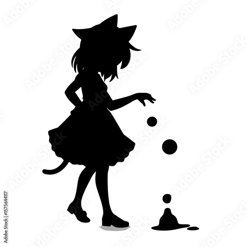 Silhouette image of a girl with cat ears and tail playing with bubbles, a captivating silhouette against a white background. Silhouette emphasizes playful pose, dress, and feline features.