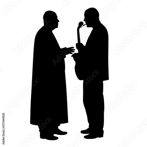Silhouette of two men having a conversation, one holding a violin, symbol of music, discussion, mentorship, performance preparation, or contrast between art and tradition