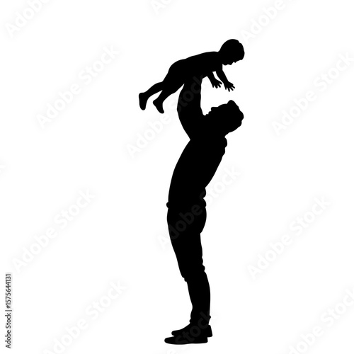 Father and child silhouette on white background, father lifting baby. Silhouette portrait shows father holding child overhead in silhouette shape. Family values shown in silhouette for design element.
