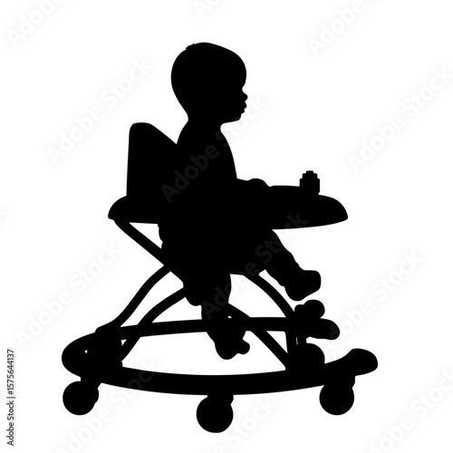 Silhouette of a baby walker with toddler sitting upright and looking forward. Baby walker is a wheeled device that helps infants learn to walk, silhouette stands out clearly against a plain backdrop