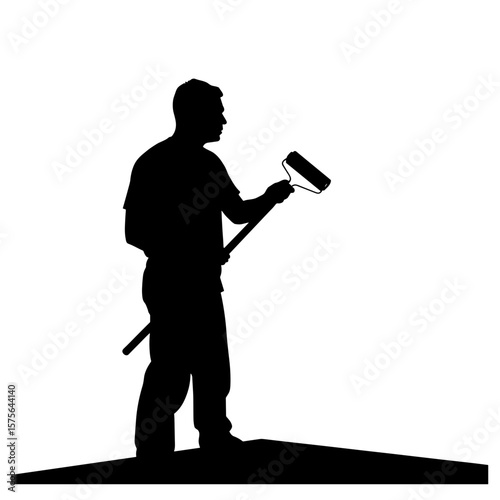 Silhouette of a painter using a roller against white backdrop, figure standing with tool. Silhouette conveys motion, depicting skilled craftsman in process of painting wall, ceiling or floor.